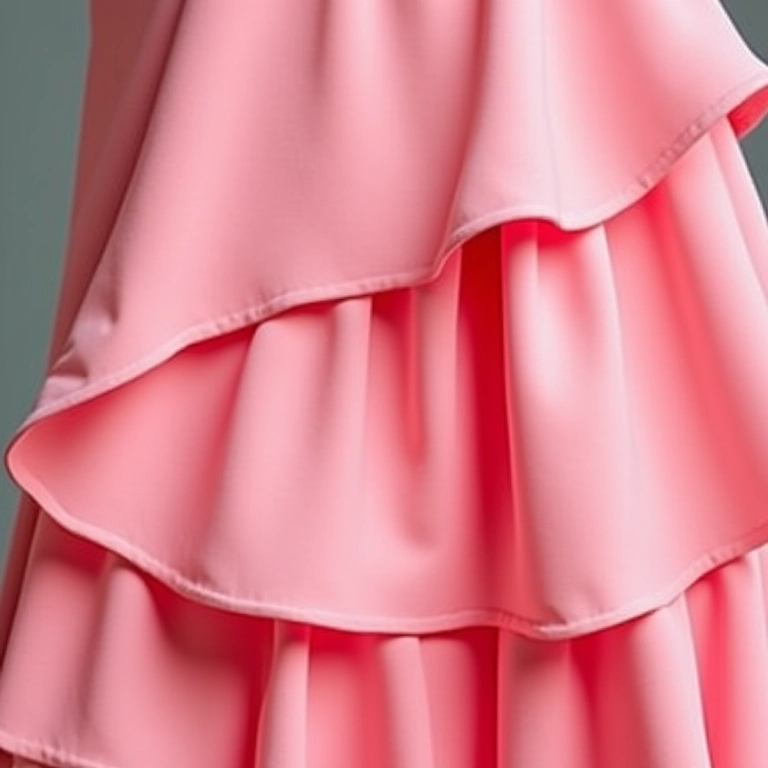 Detalhe de babados em camadas em um vestido midi rosa.