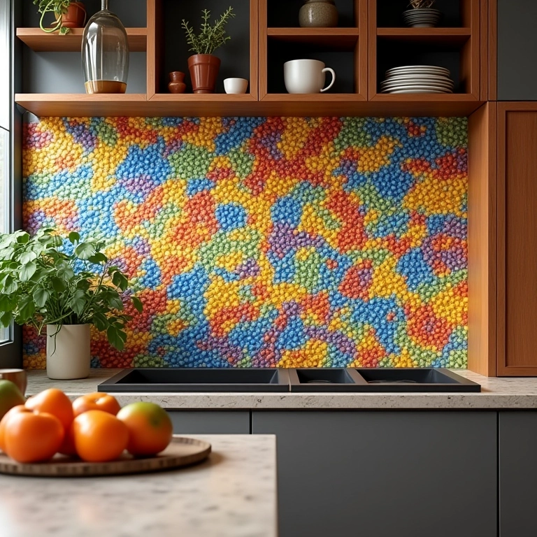Detalhe de backsplash com pastilhas coloridas em cozinha brasileira vibrante.