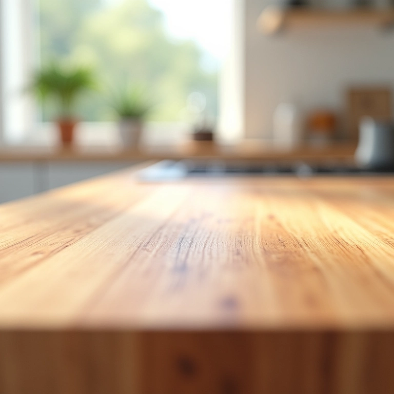 Detalhe de bancada em madeira maciça, mostrando a textura e durabilidade.