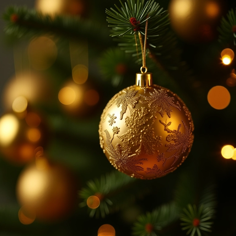 Detalhe de bolas douradas na árvore de Natal, representando prosperidade e riqueza.