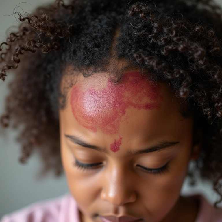 Detalhe de couro cabeludo feminino com dermatite seborreica, mostrando vermelhidão e descamação.