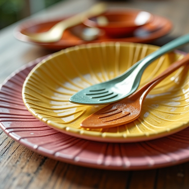 Detalhe de louças e talheres charmosos com design brasileiro em uma mesa de festa.