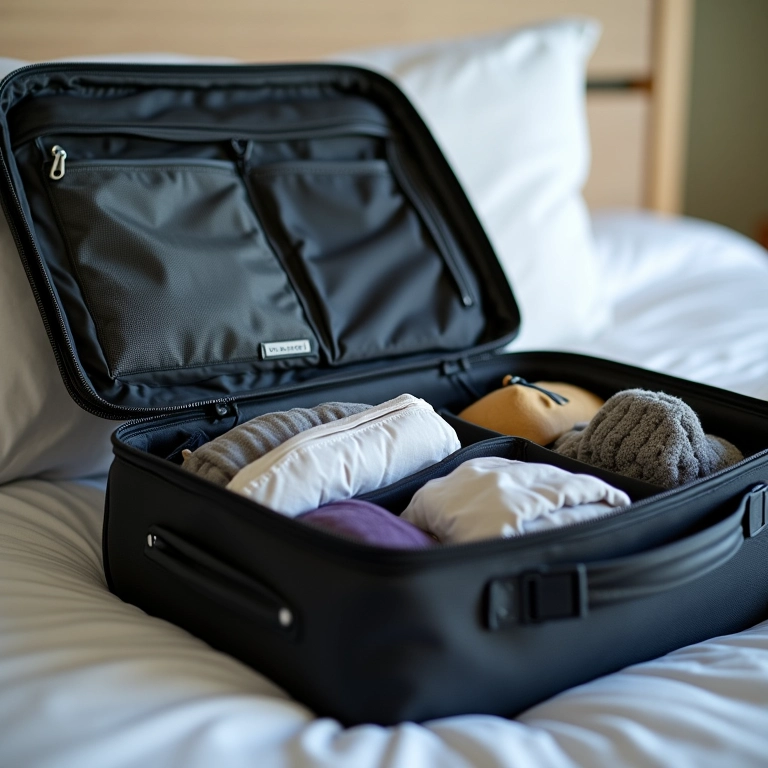 Detalhe de mala de mão aberta com itens de viagem organizados sobre a cama.