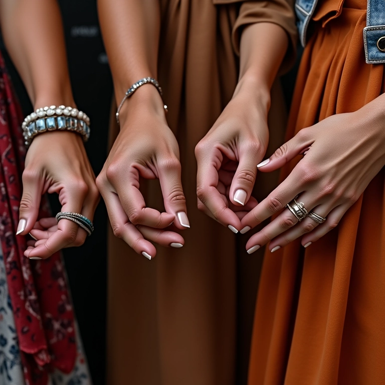 Detalhe de mãos brasileiras diversas adicionando acessórios a looks.