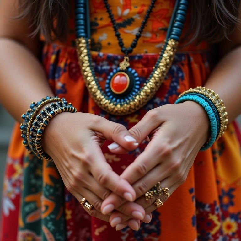 Detalhe de mãos com colares e pulseiras boho em tecidos brasileiros.