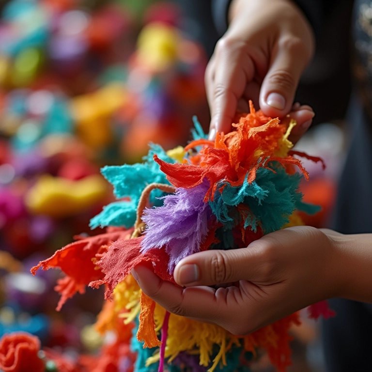 Detalhe de mãos decorando piñata com tecido colorido e fitas, além de papel.