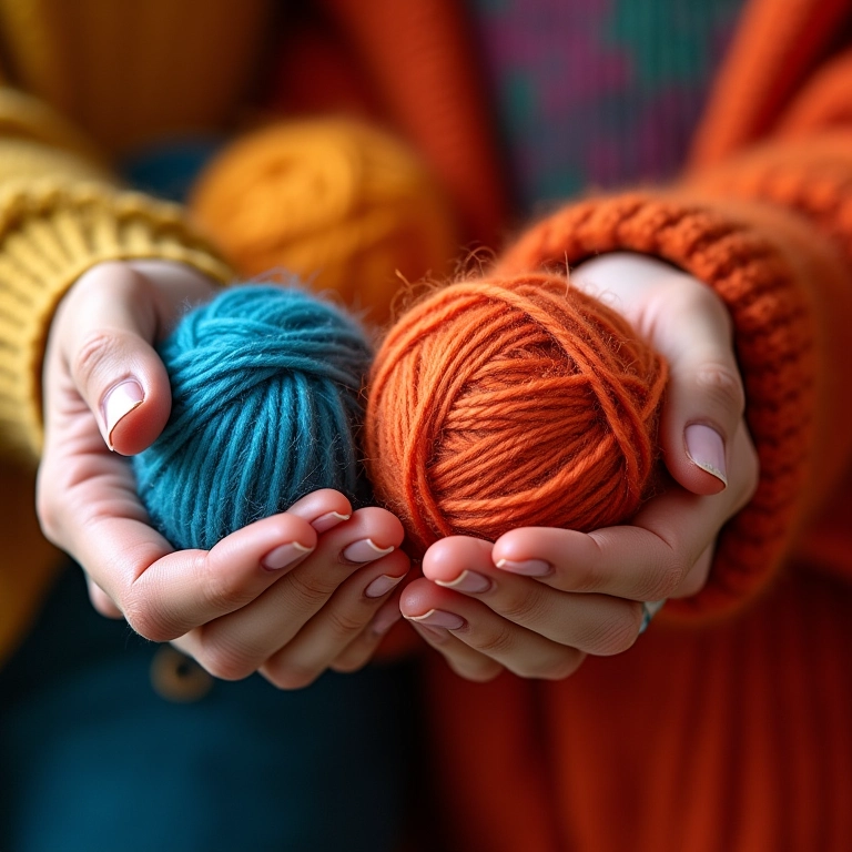 Detalhe de mãos diversas tricotando peças oversized em cores vibrantes.
