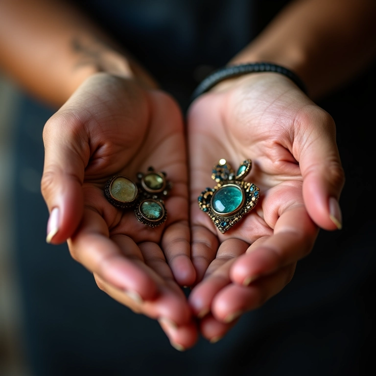 Detalhe de mãos segurando joias artesanais de alta qualidade, essenciais para o sucesso no Pinterest.