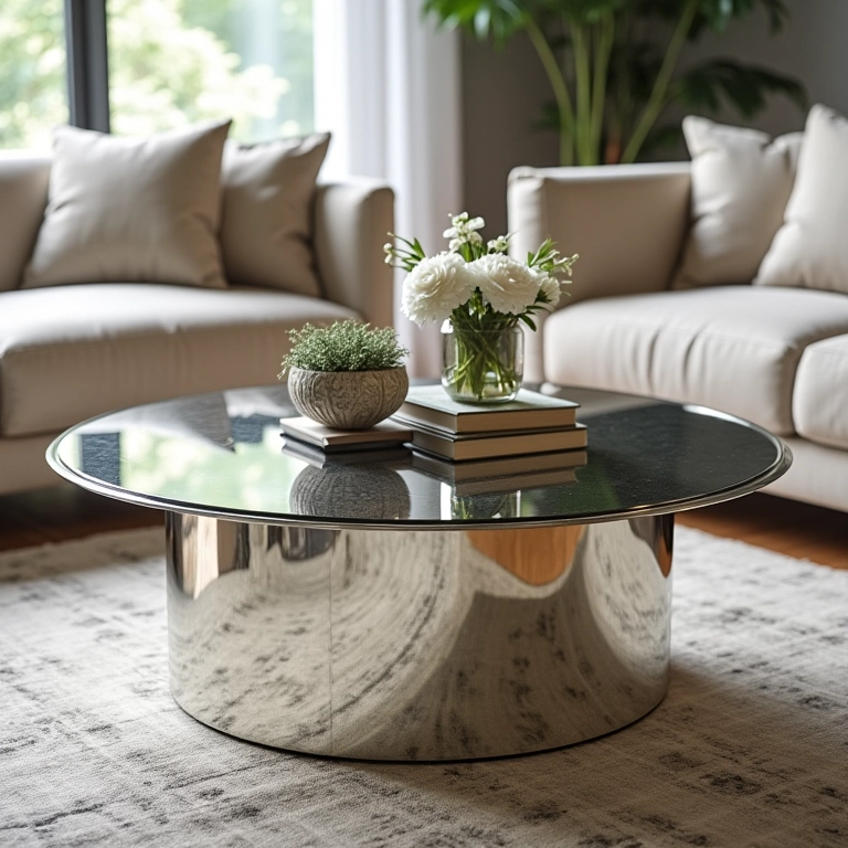 Detalhe de mesa espelhada adicionando glamour a uma sala de estar.