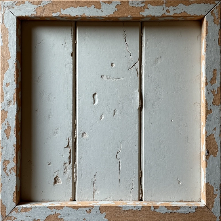 Detalhe de moldura de madeira envelhecida, estilo rústico.