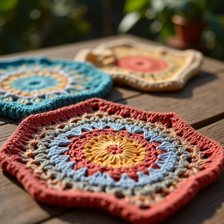 Detalhe de panos de prato de crochê feitos à mão.