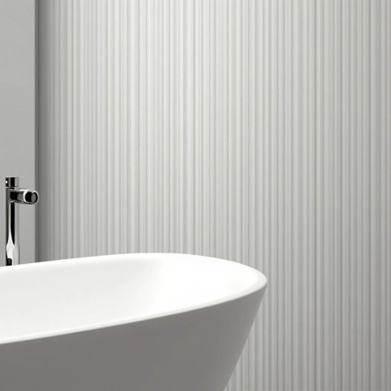 Detalhe de papel de parede vinílico resistente em um banheiro moderno.