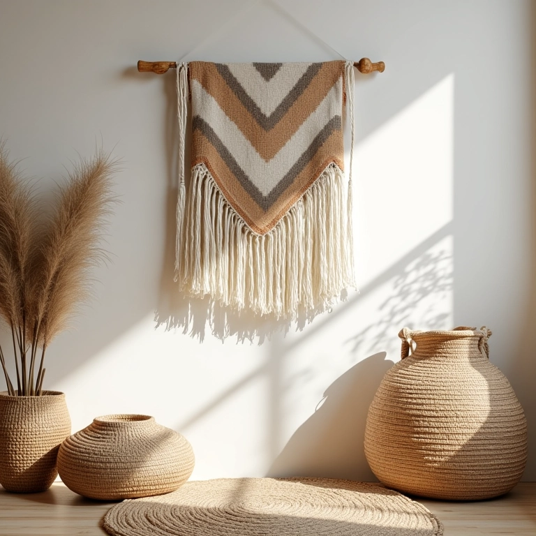 Detalhe de parede com tapeçaria e cestos de palha, texturas naturais.