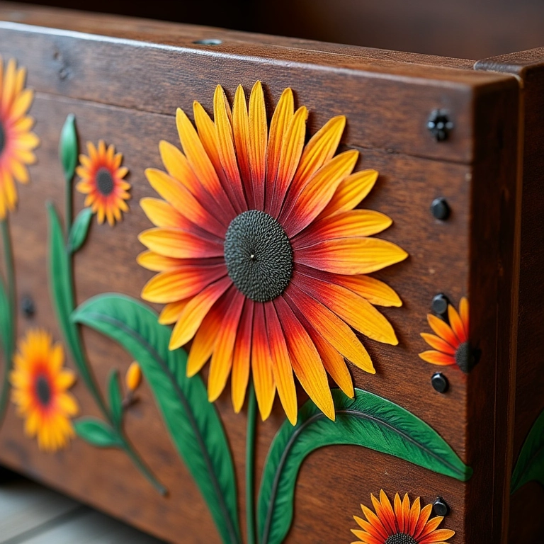 Detalhe de pintura Bauernmalerei floral em um baú de madeira.
