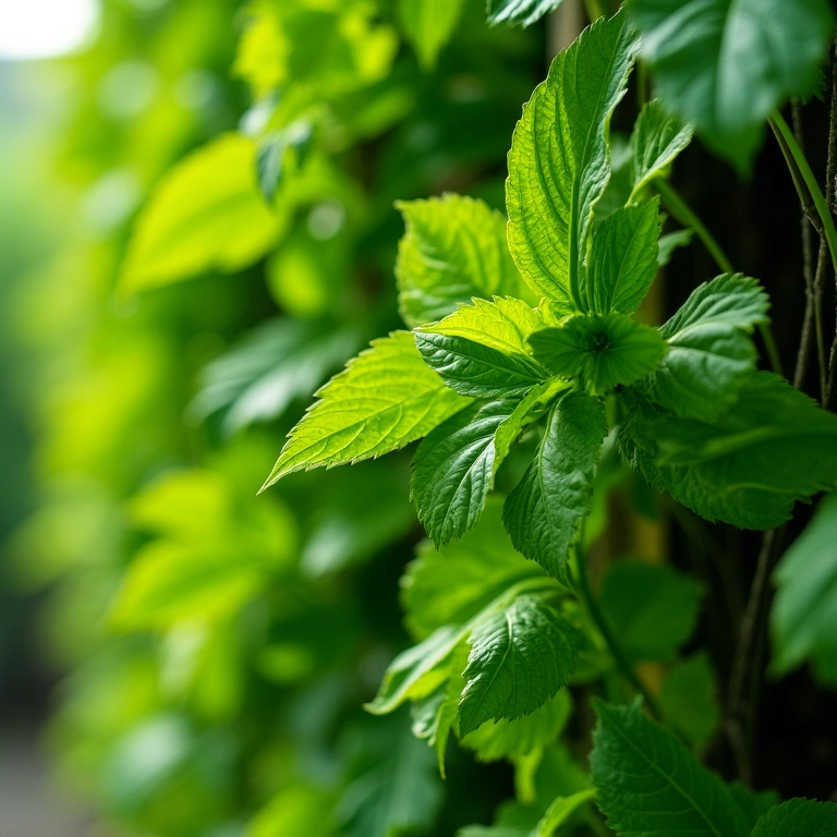 Detalhe de plantas exuberantes em horta vertical com treliça.