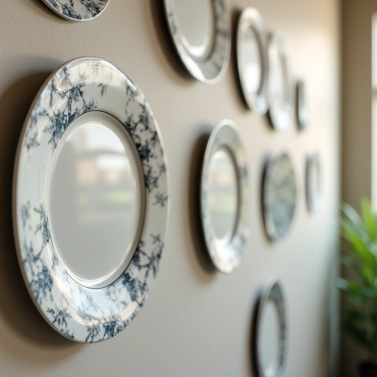 Detalhe de pratos decorativos fixados na parede com diferentes métodos.