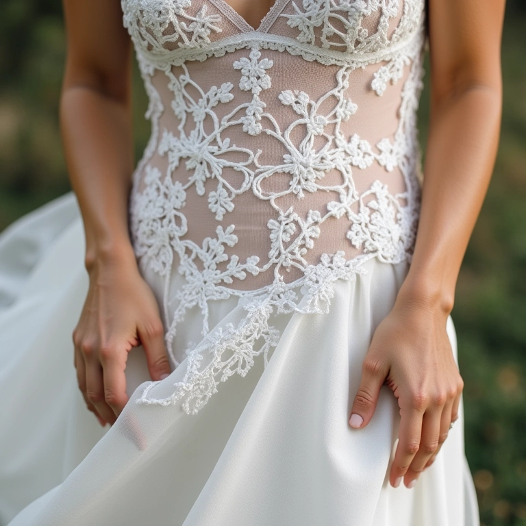 Detalhe de renda e bordado em vestido branco, mostrando o trabalho manual brasileiro.