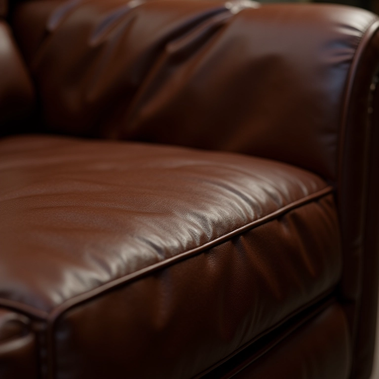 Detalhe de sofá de couro italiano luxuoso com acabamento impecável.
