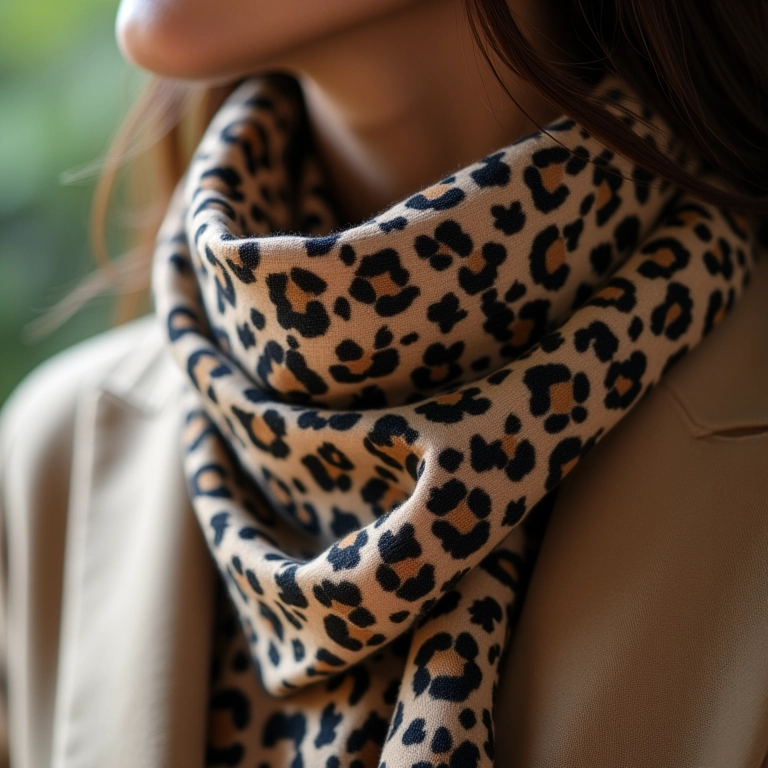 Detalhe de um lenço de oncinha complementando um look neutro com elegância.