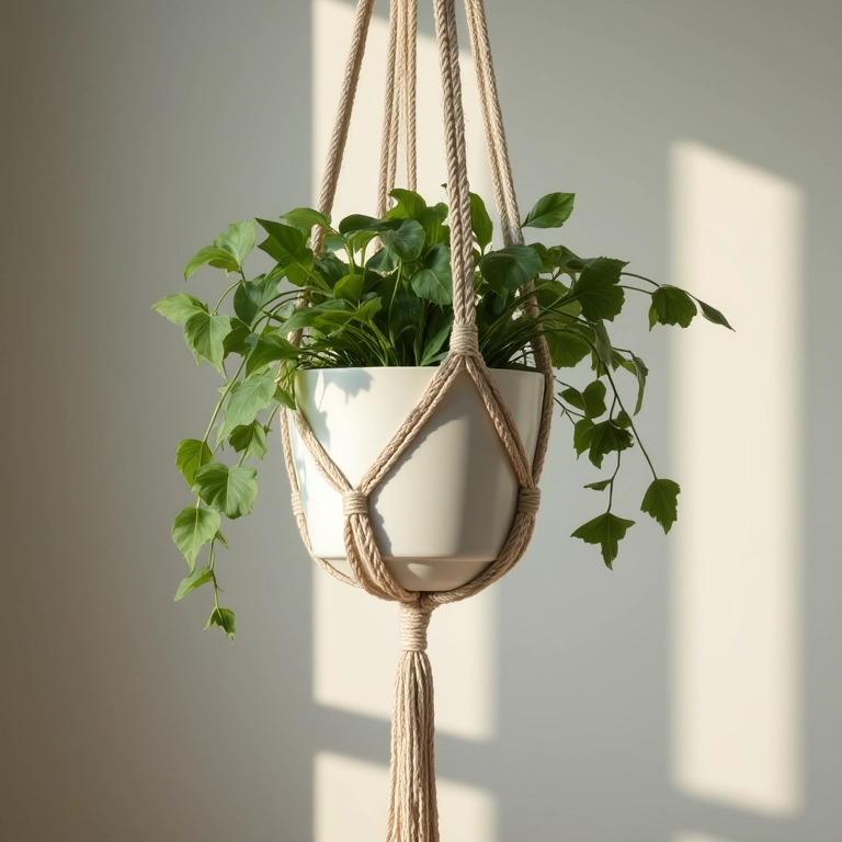 Detalhe de um suporte de planta em macramê simples feito com corda de algodão.