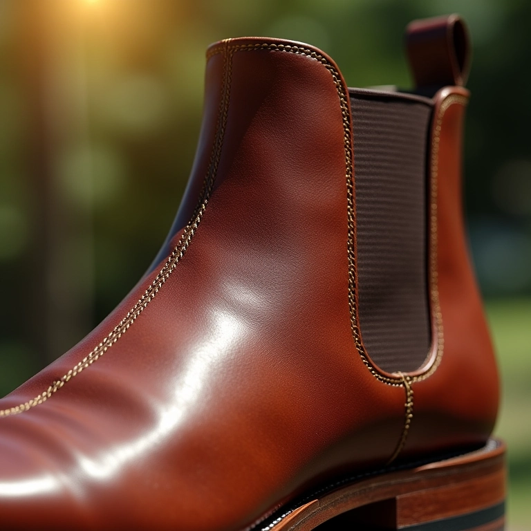 Detalhe de uma Chelsea boot de couro marrom.