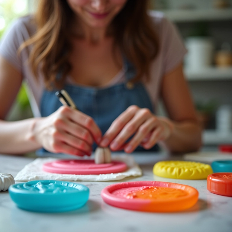 Detalhe de uma mulher personalizando um molde de silicone com cores vibrantes.