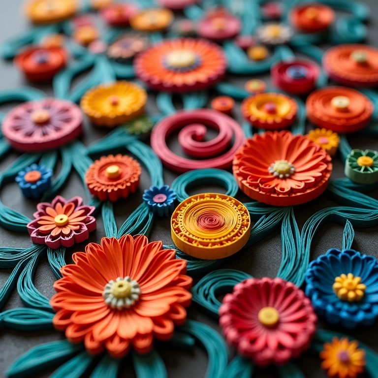 Detalhe de uma obra de arte em quilling com espirais de papel coloridas e vibrantes.