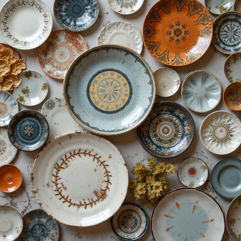 Detalhe de uma parede com pratos de cerâmica, vidro e metal.