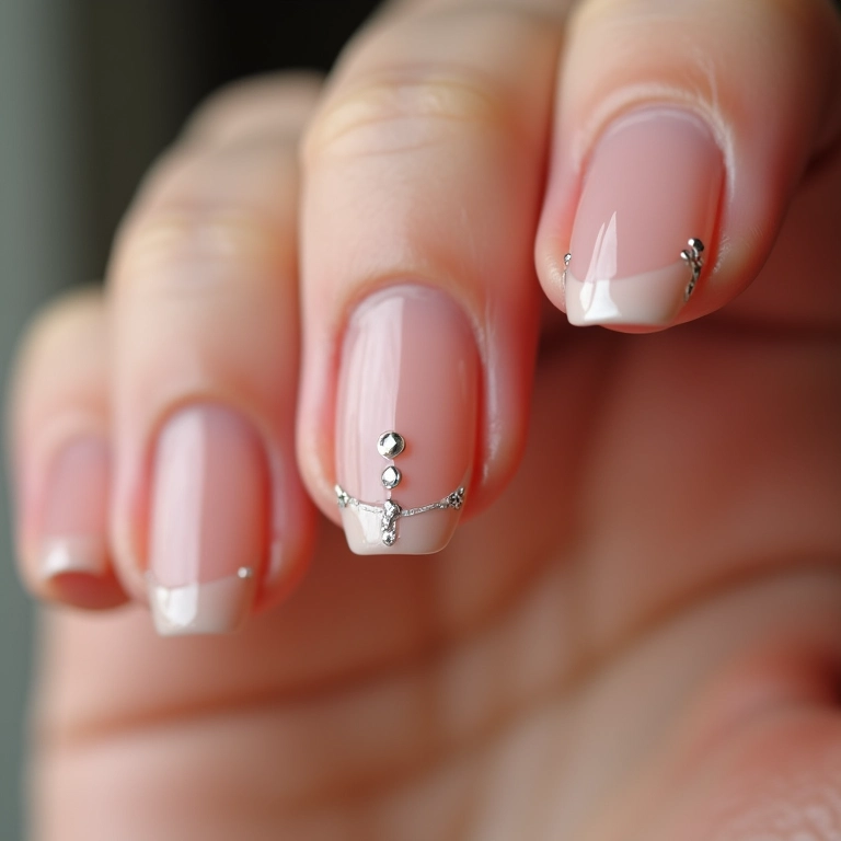 Detalhe de unha filha única com pedraria delicada.