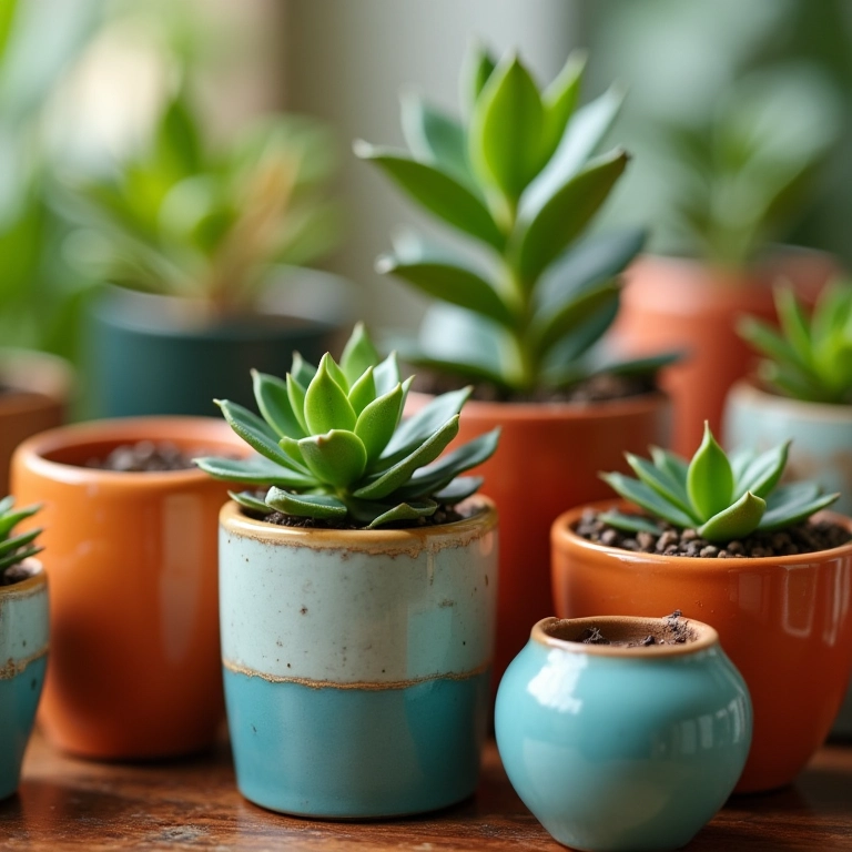 Detalhe de vasos de plantas de cerâmica coloridos.