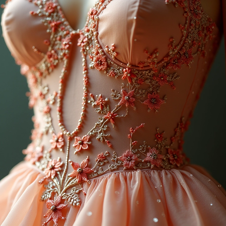 Detalhe de vestido bordado à mão com fios de seda e pedrarias.