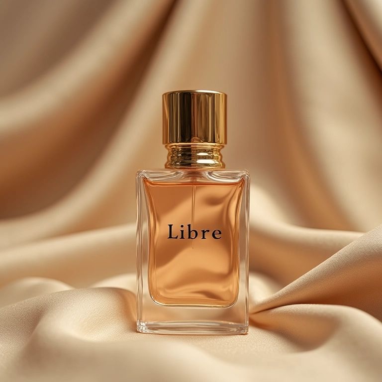 Detalhe do frasco do perfume Libre com detalhes dourados em um fundo neutro.