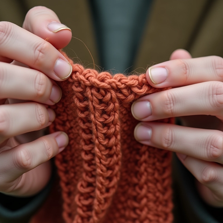 Detalhe do ponto meia em um projeto de tricô.