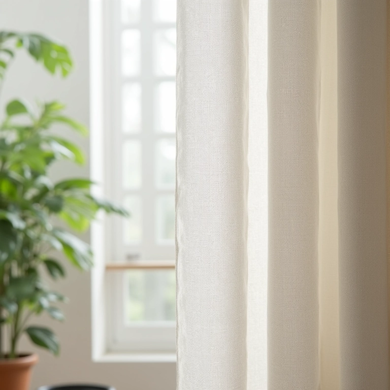 Detalhe do tecido de linho de uma cortina em uma sala de estar com luz natural suave.