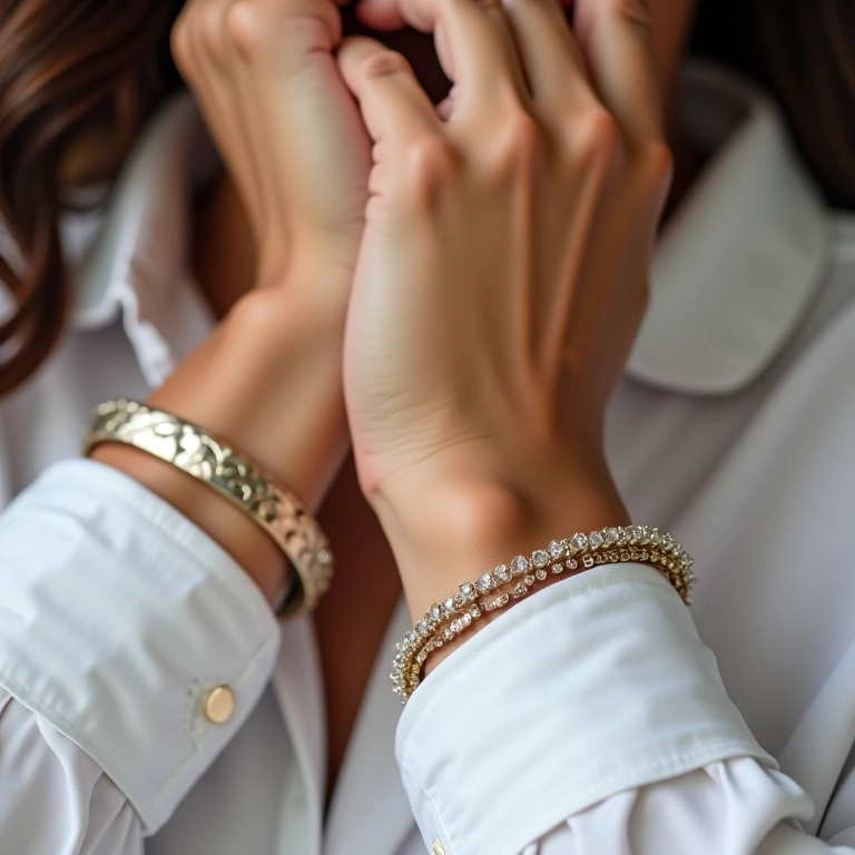 Detalhe dos punhos de camisa branca com joias delicadas.