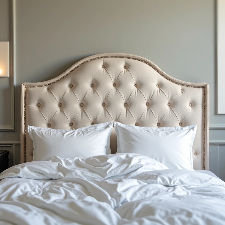 Detalhe elegante de uma cabeceira com capitonê feita à mão.