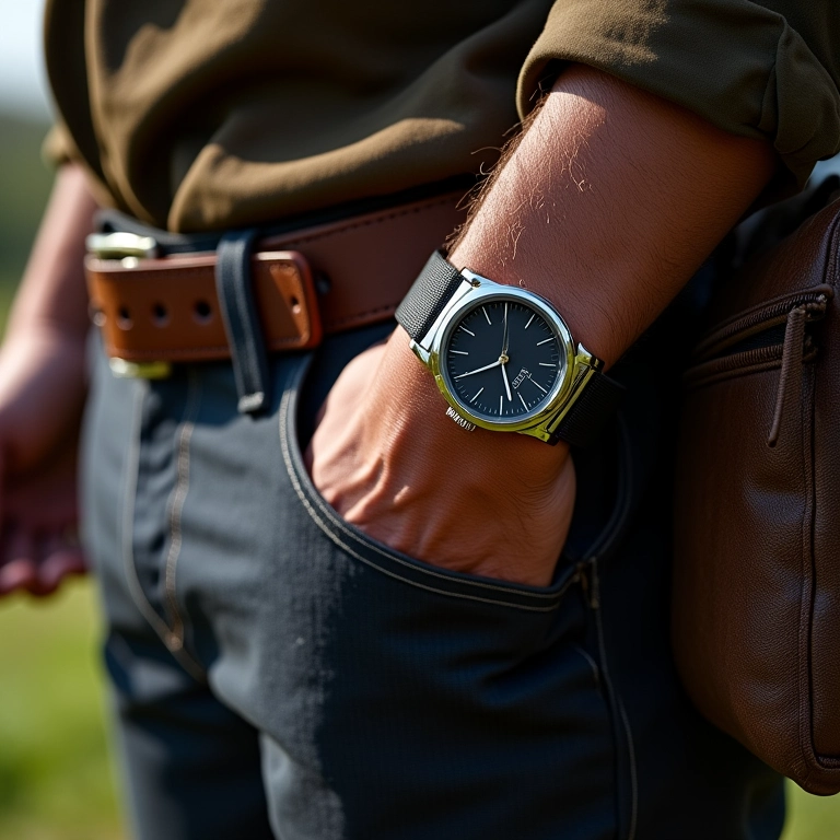 Detalhes de acessórios cuidadosamente escolhidos: cinto, relógio e bolsa.