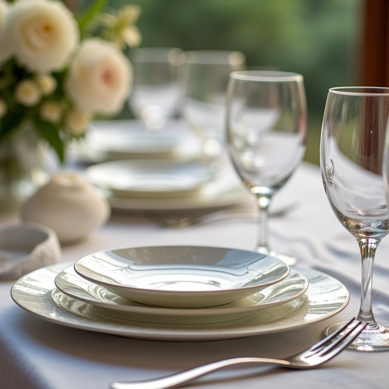Detalhes de louças, talheres e taças em mesa de casamento requintada.