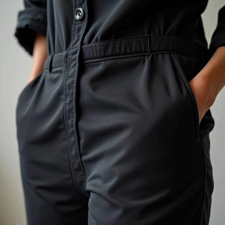 Detalhes de um macacão de alfaiataria: botões, costuras e bolsos.