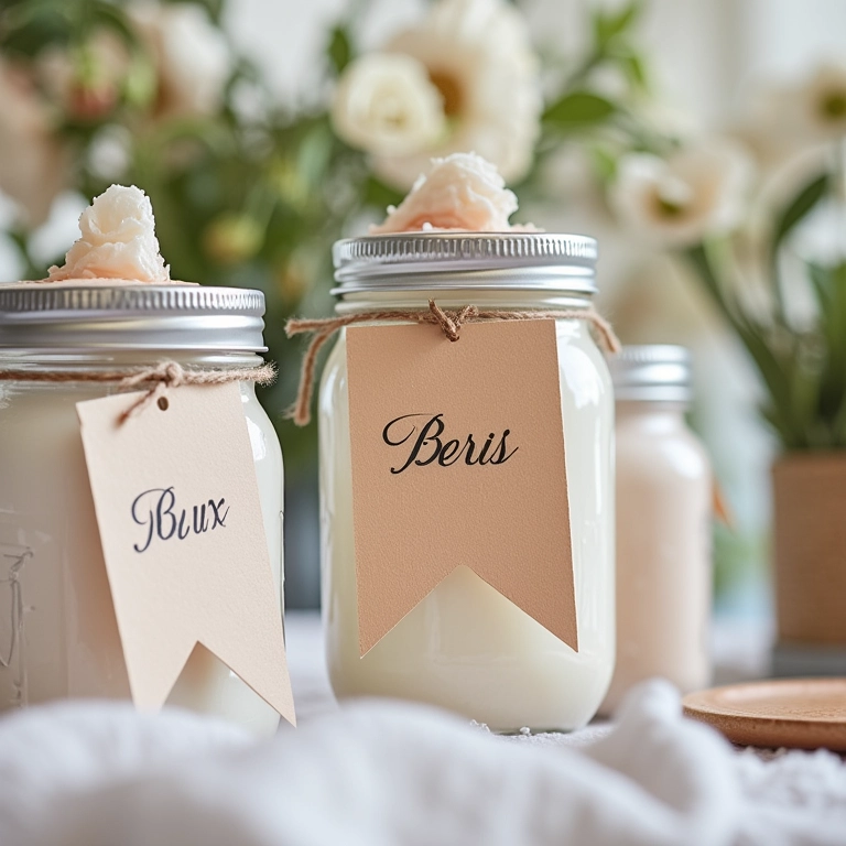 Detalhes DIY na decoração de um chá de cozinha: banners artesanais e potes de vidro decorados.