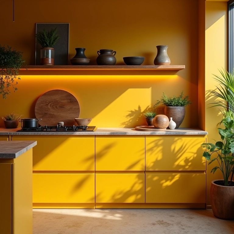 Detalhes em amarelo mostarda na cozinha, com madeira, iluminação quente e cerâmica brasileira.