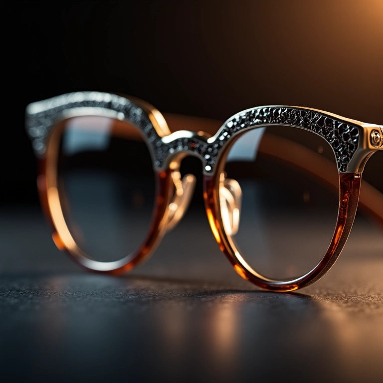 Detalhes em metal em armação de óculos, sofisticação e glamour.