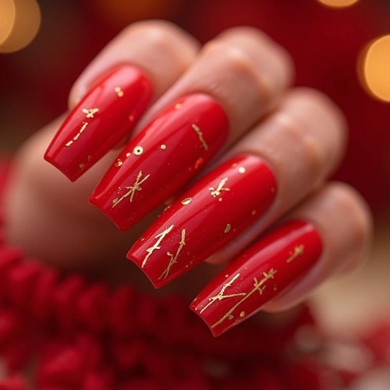Detalhes geométricos dourados em unhas vermelhas