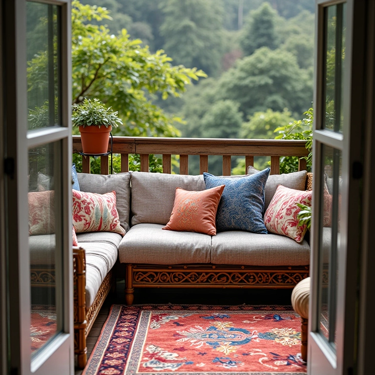 Detalhes que fazem a diferença na decoração da sacada: almofadas e tapete colorido.