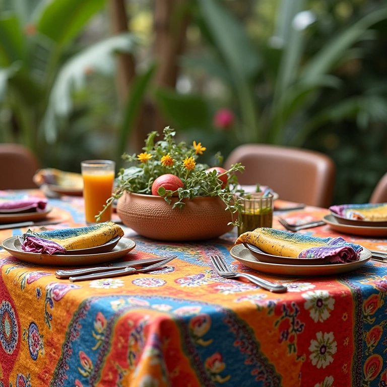 Detalhes têxteis coloridos, como guardanapos e toalhas, que fazem a diferença na decoração da mesa.
