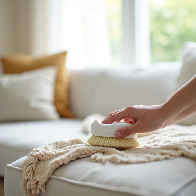 Detergente neutro sendo aplicado em escova para limpeza suave de sofá.