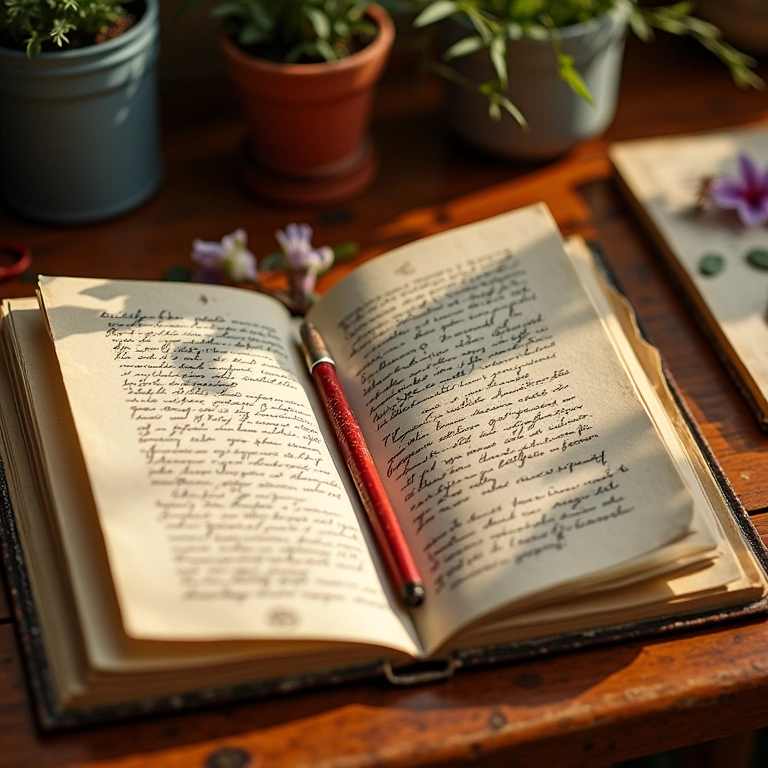 Diário aberto com cartas de amor, fotos e flores prensadas.