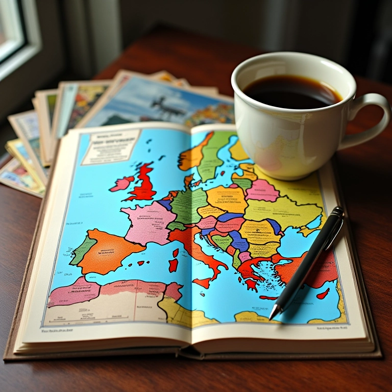 Diário de viagem aberto com mapa da Europa e lembranças.