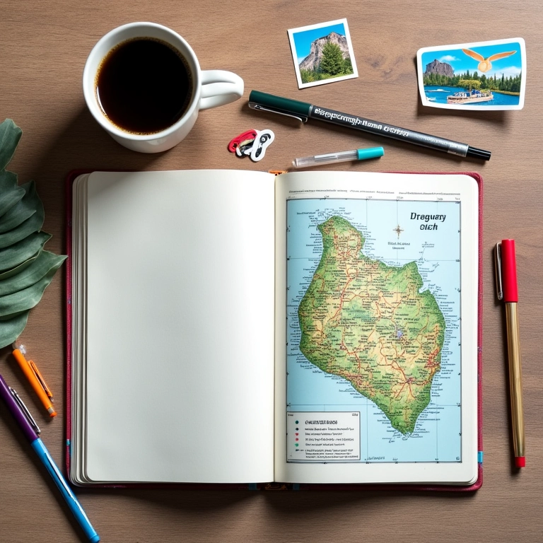 Diário de viagem aberto com mapa do Uruguai, canetas coloridas e adesivos, representando o planejamento da viagem.