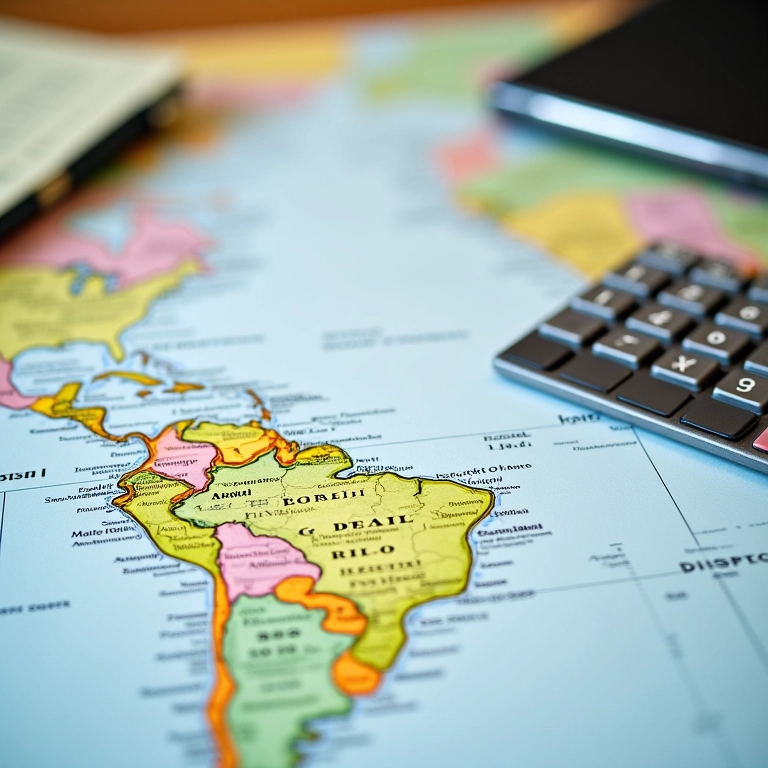 Diário de viagem com orçamento, mapa da América do Sul e calculadora.